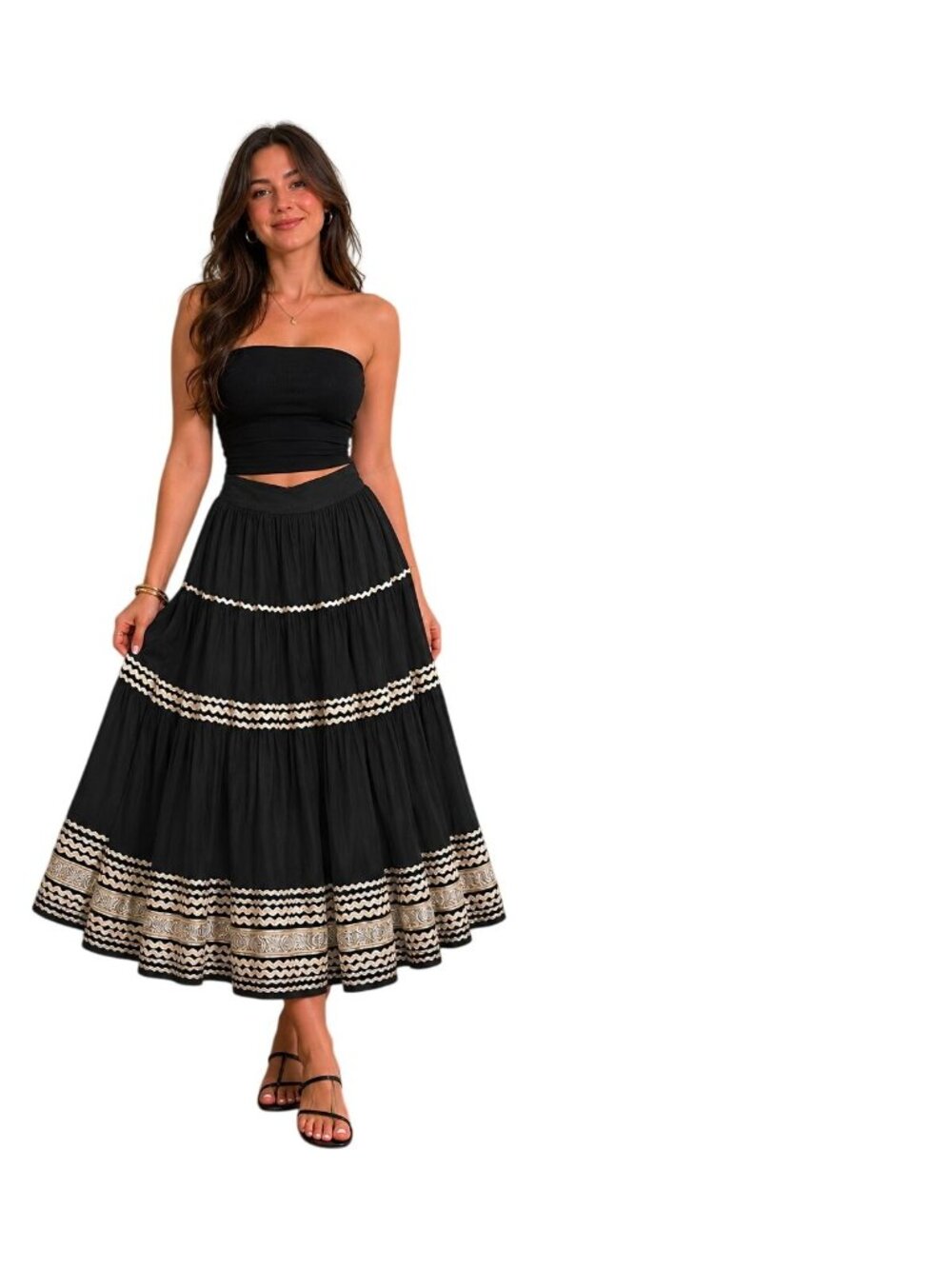 Skirt Size Large With Gold Embroidery & Zigzag Trim Black
